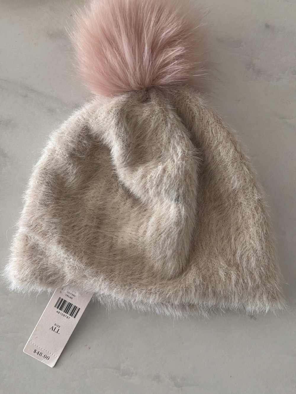 Anthropologie Cream Fuzzy Beanie with Pink Pom